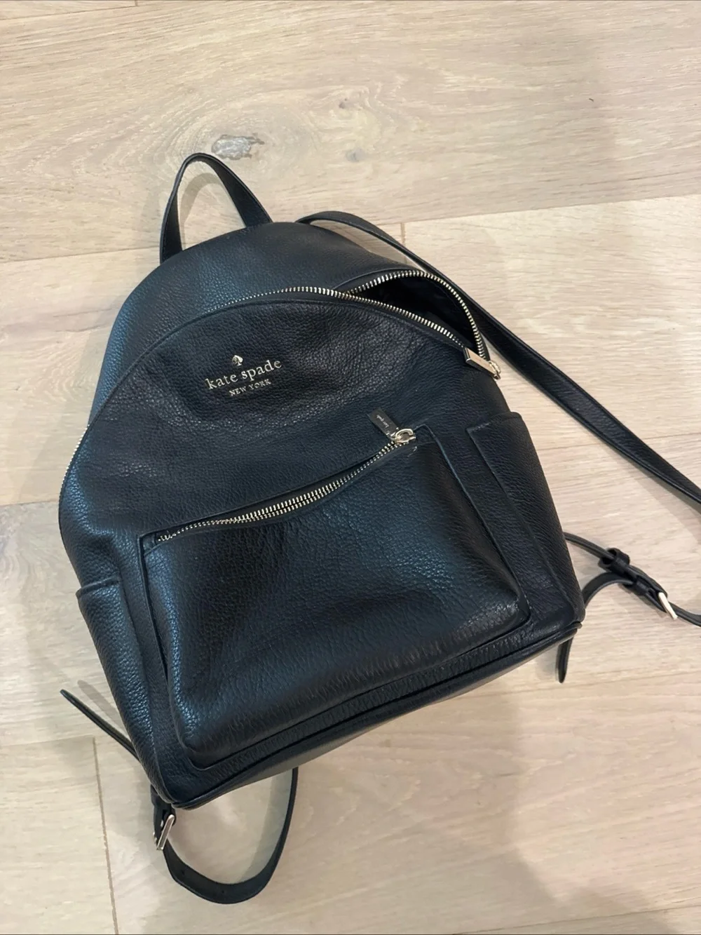 kate spade black leather pebbled backpack with gold hardware